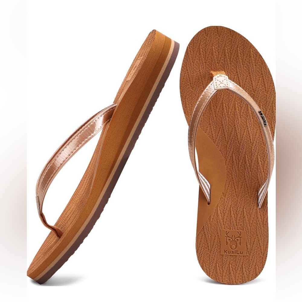 Kuailu Women's Tan Flip-Flop Sandals with Rose Gold Straps